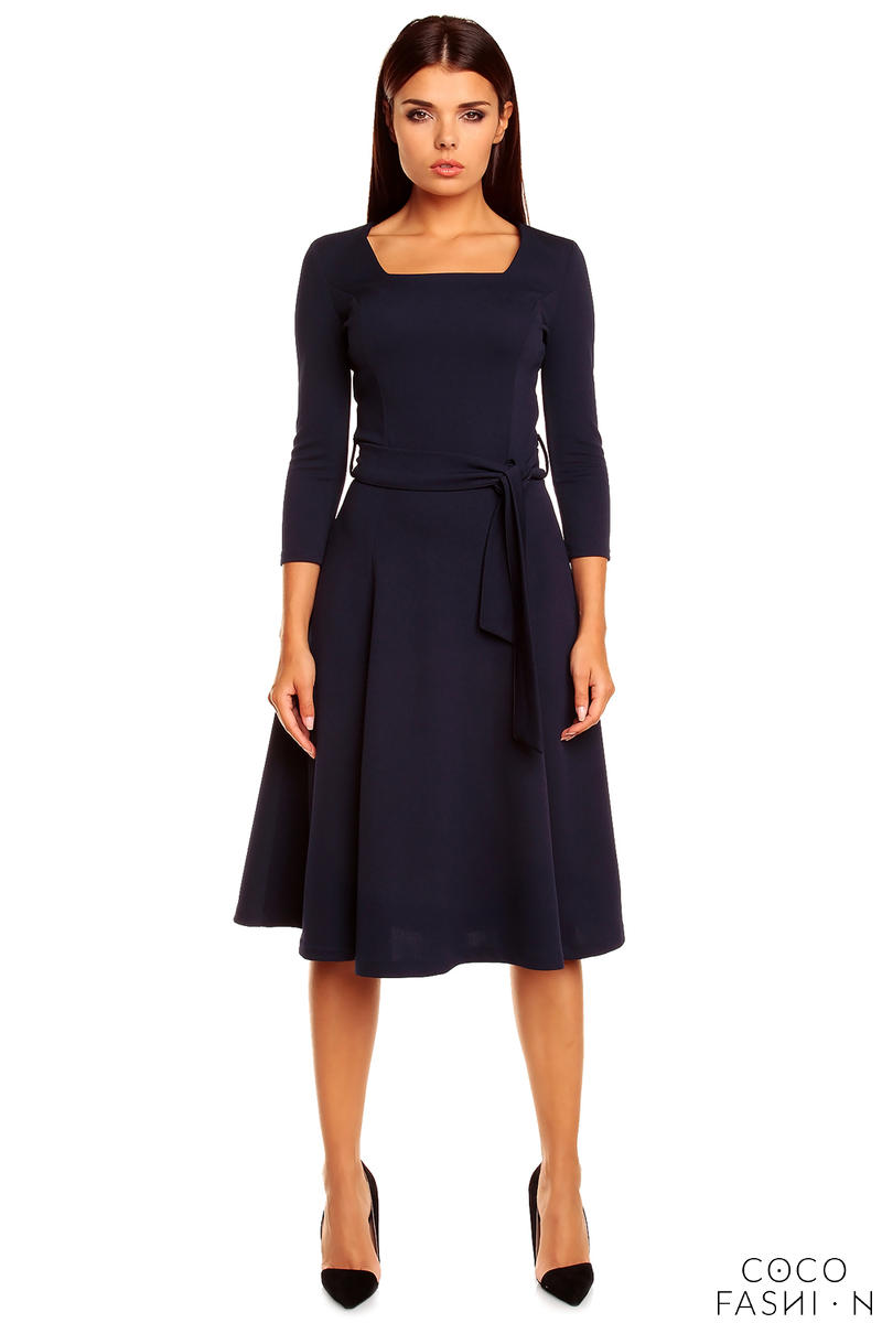 Navy Blue Pleated Dress with Loop Belts