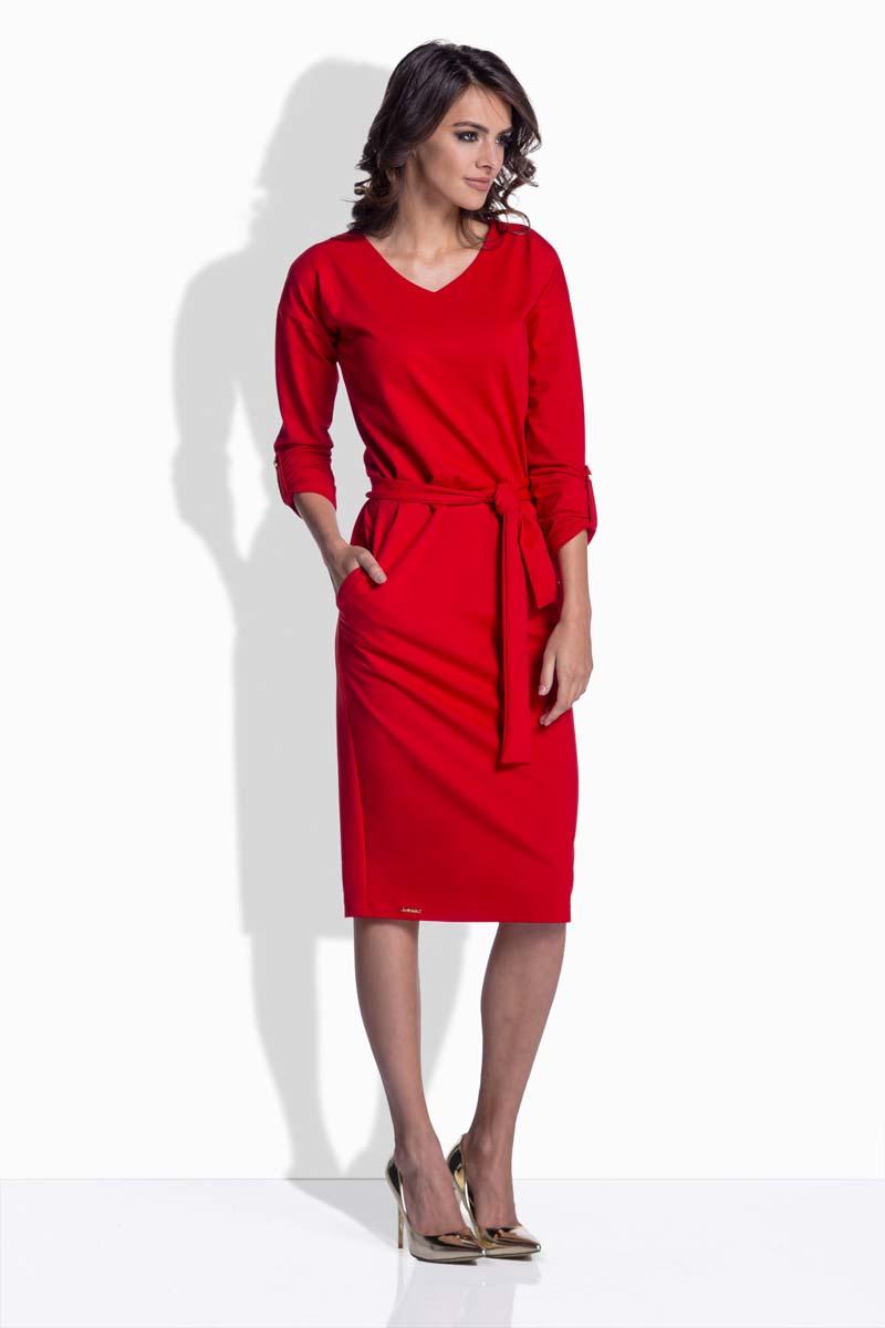 Red V Neckline Belted Midi Dress