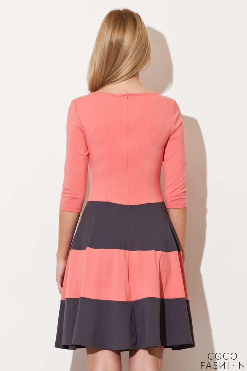 Coral Striped Dress With 1/2 Sleeves