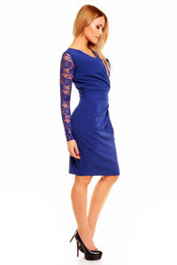 Blue Elegant Lace Sleeves Slim Waist Evening Dress