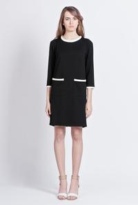 Black Simple Style Office Dress with Piping