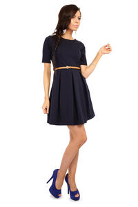 Navy Blue Magnanimous Modern Belted Tea-length Dress