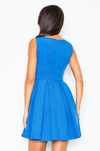 Pleated Belted Sleeveless Blue Dress with Seamed Top